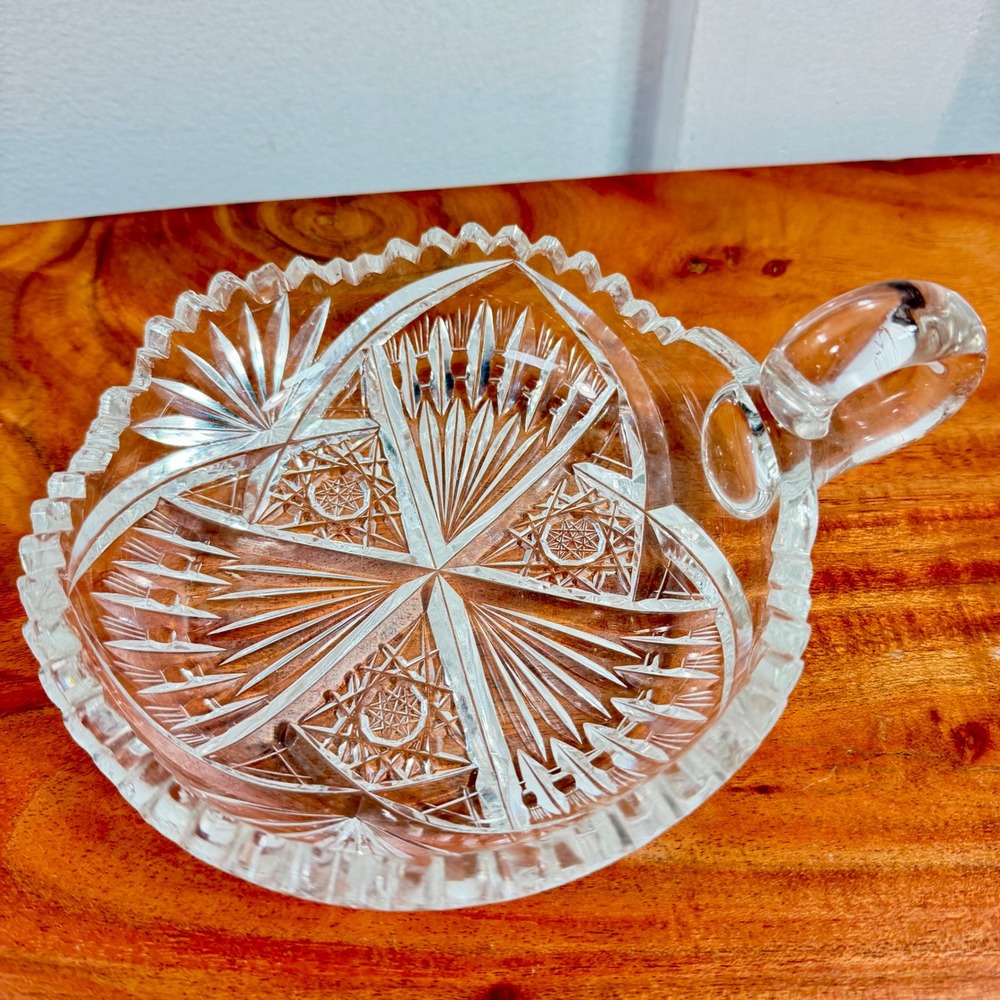Vintage American Brilliant Cut Glass Nappy Bowl Starburst Hobstar Ring Handle